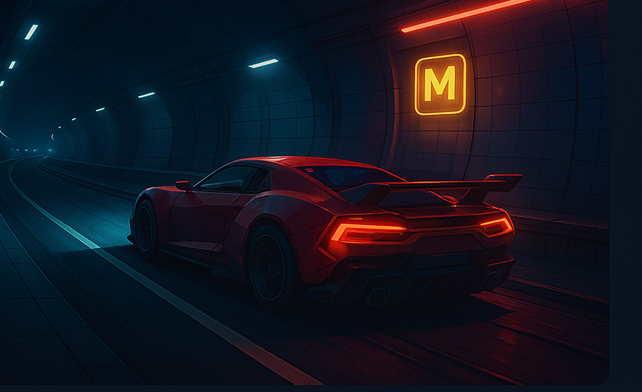 Sports car racing through neon subway tunnel Metro Racing cover image